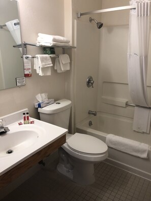 Combined shower/tub, free toiletries, hair dryer, towels