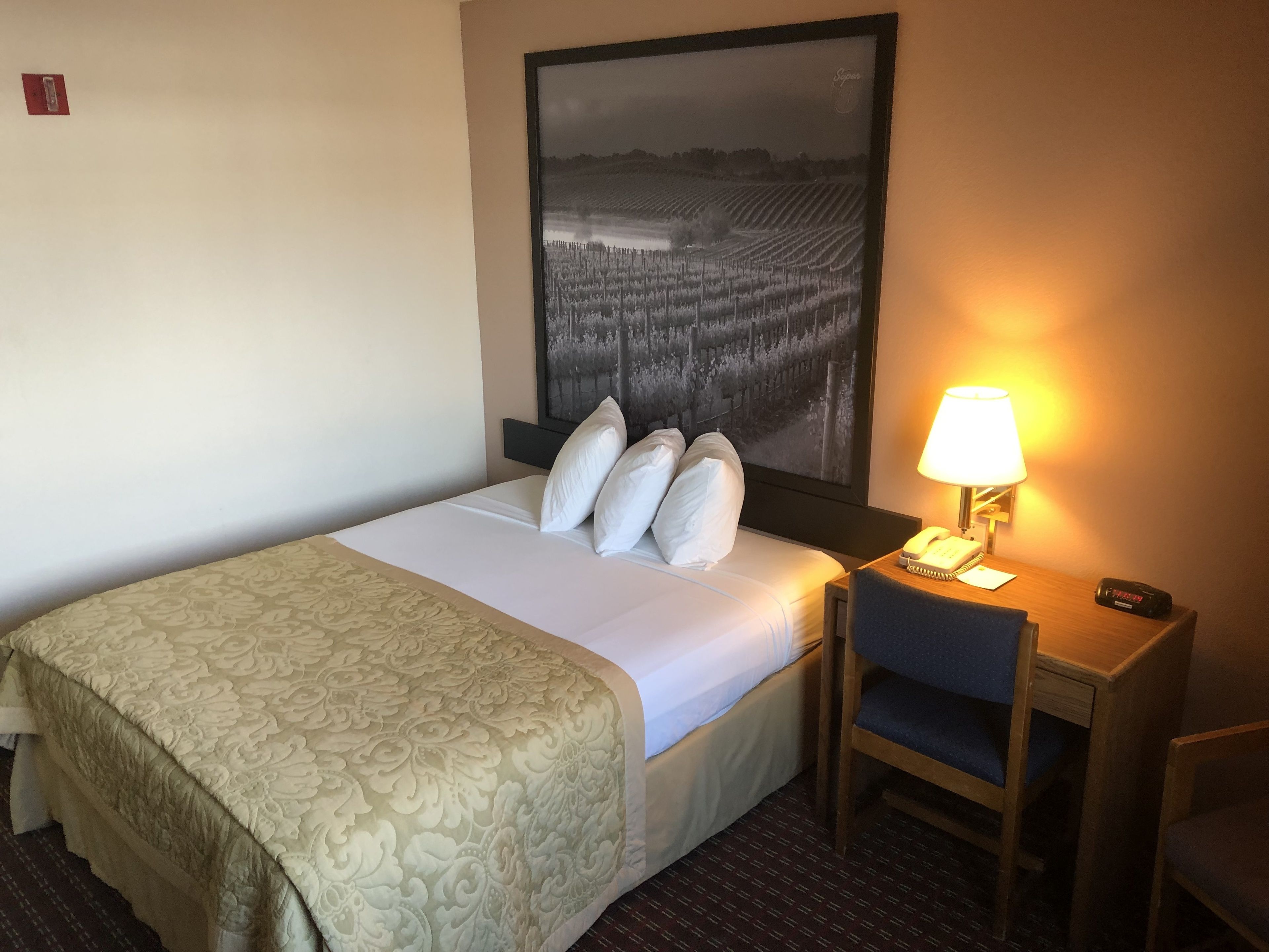 A hotel room with a neatly made bed, a desk with a lamp, and a large framed picture on the wall.