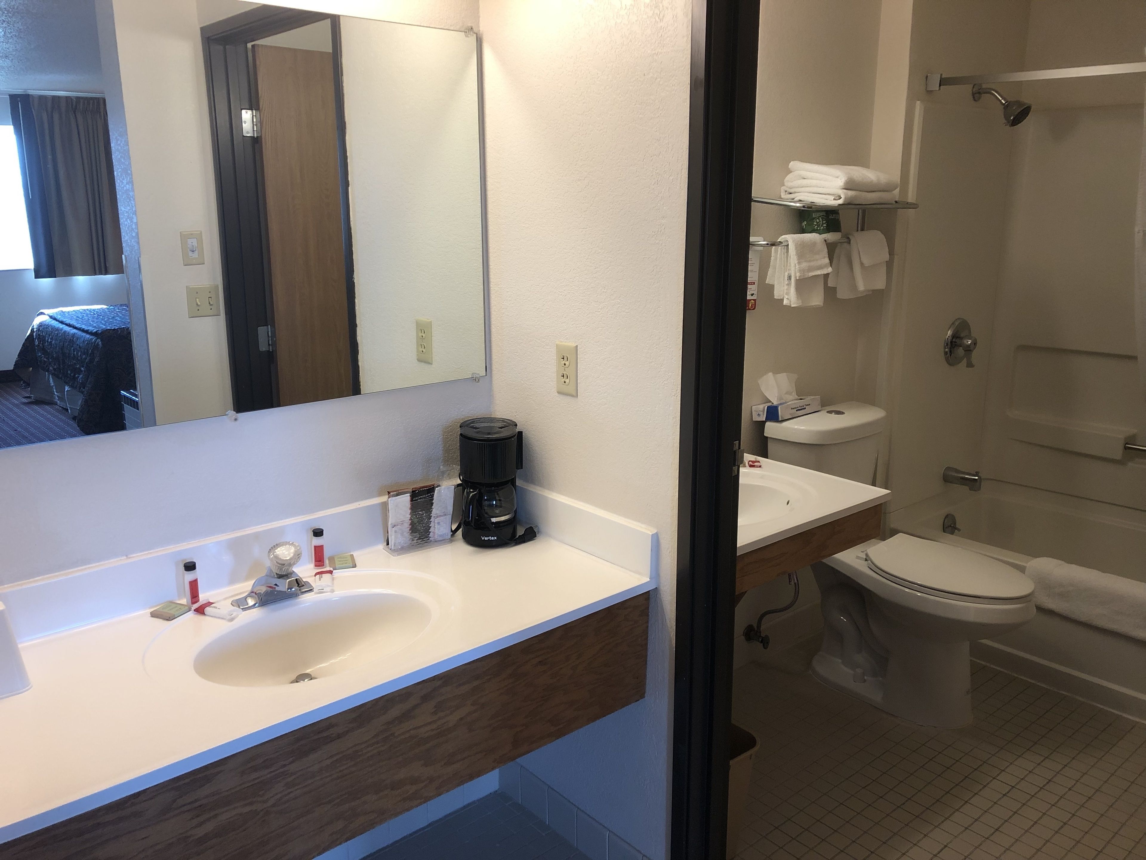 A bathroom with a white sink, a mirror, a coffee maker, a toilet, and a shower.