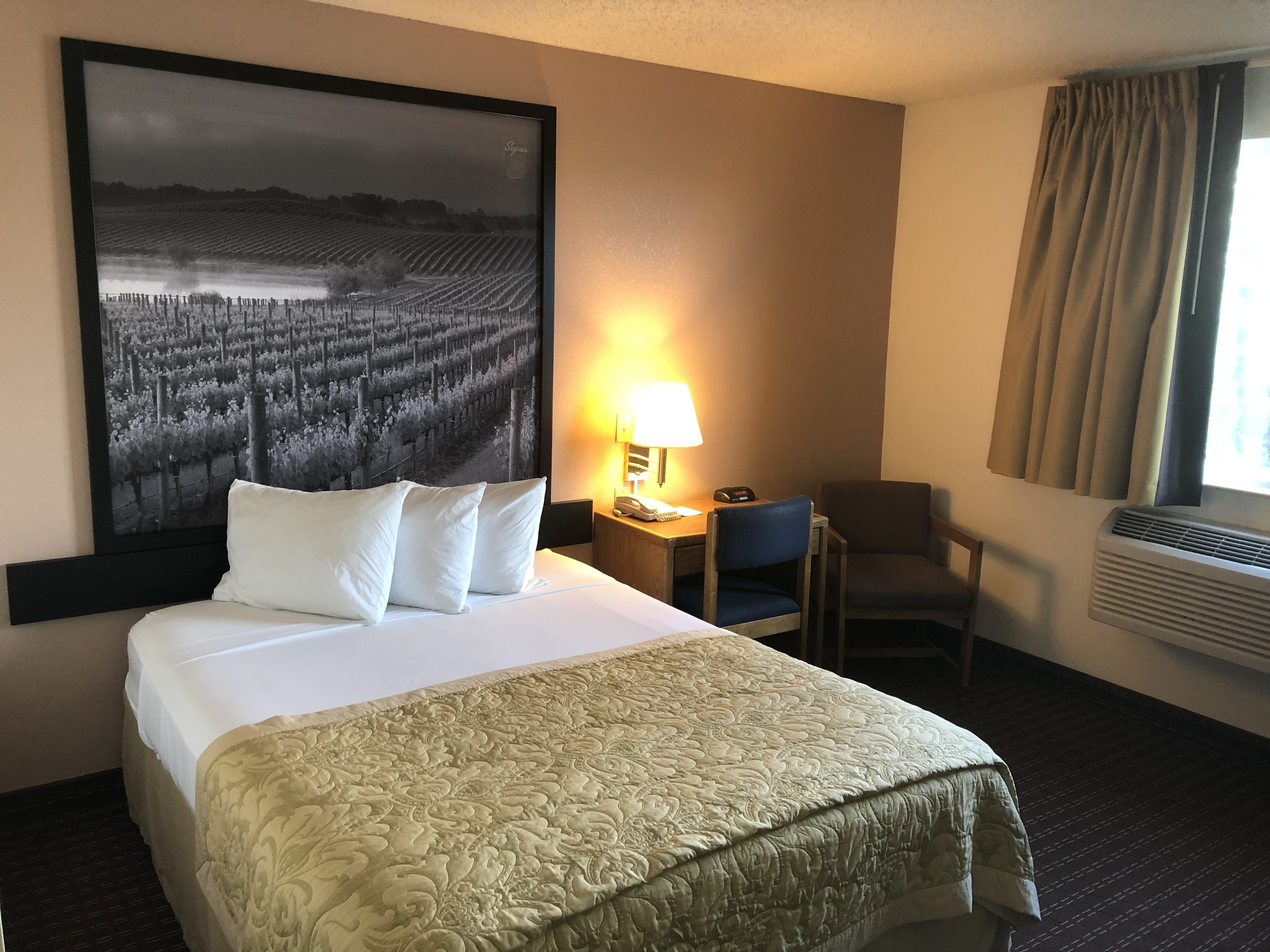 Habitación de hotel con una cama grande, un escritorio con lámpara, una silla y un cuadro grande en la pared.