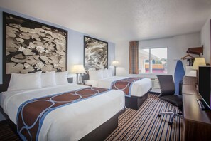 A hotel room with two beds, a desk, a chair, and a large window. - Super 8 by Wyndham Washington (Washington)