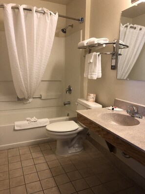 Combined shower/bathtub, free toiletries, hair dryer, towels