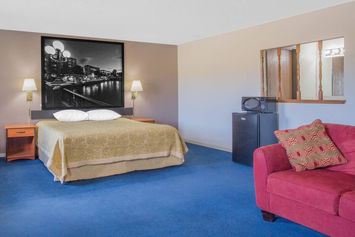 Une chambre d’hôtel avec un lit, un canapé rouge, une table de chevet, une lampe, un four à micro-ondes et un grand tableau encadré au mur.