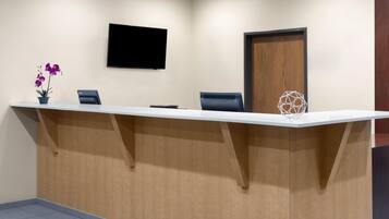Un mostrador de recepción con un televisor de pantalla plana, una puerta de madera y una pieza decorativa geométrica.