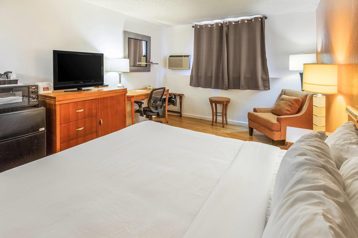 A hotel room with a bed, a desk with a chair, a television, a dresser, and a window with curtains.