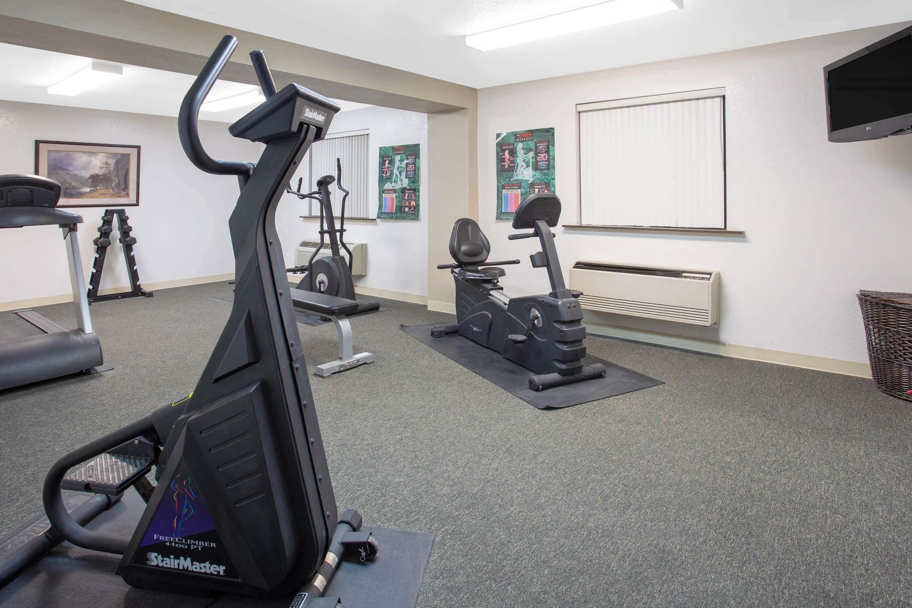 Ein Fitnessraum mit Laufbändern, Ergometer und Kurzhanteln.