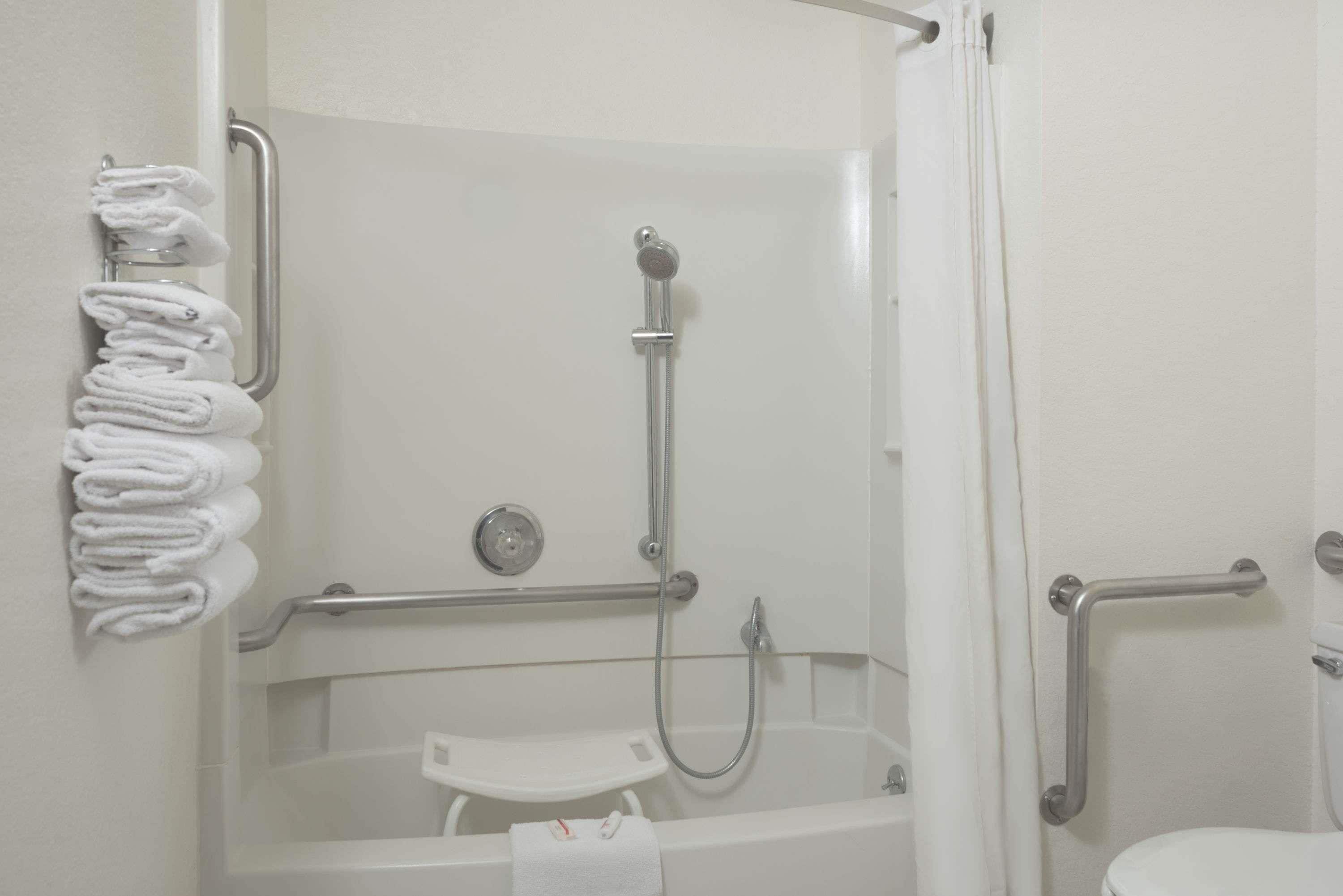 A bathroom with a bathtub, a toilet, and a shower area.