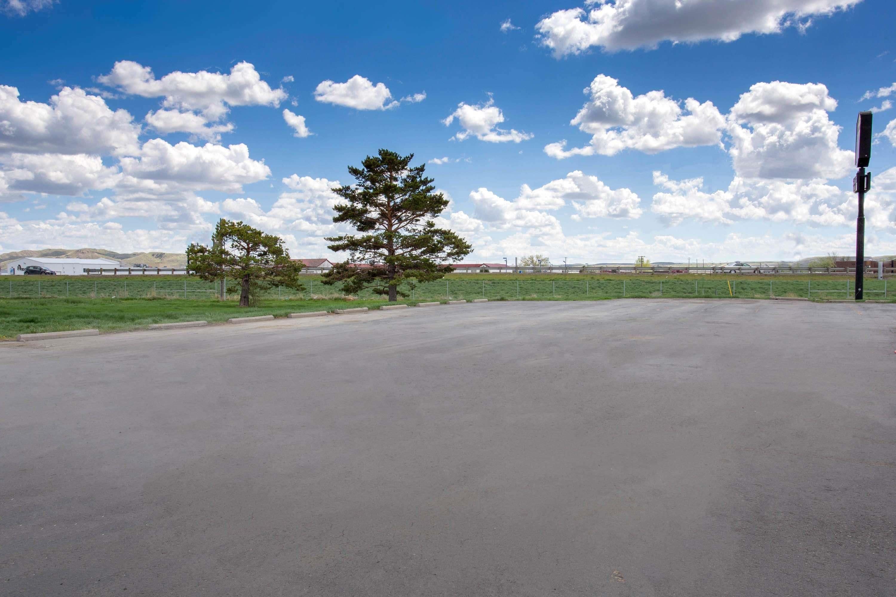 A wide, open parking lot with a single tree in the center and a clear blue sky with clouds.
