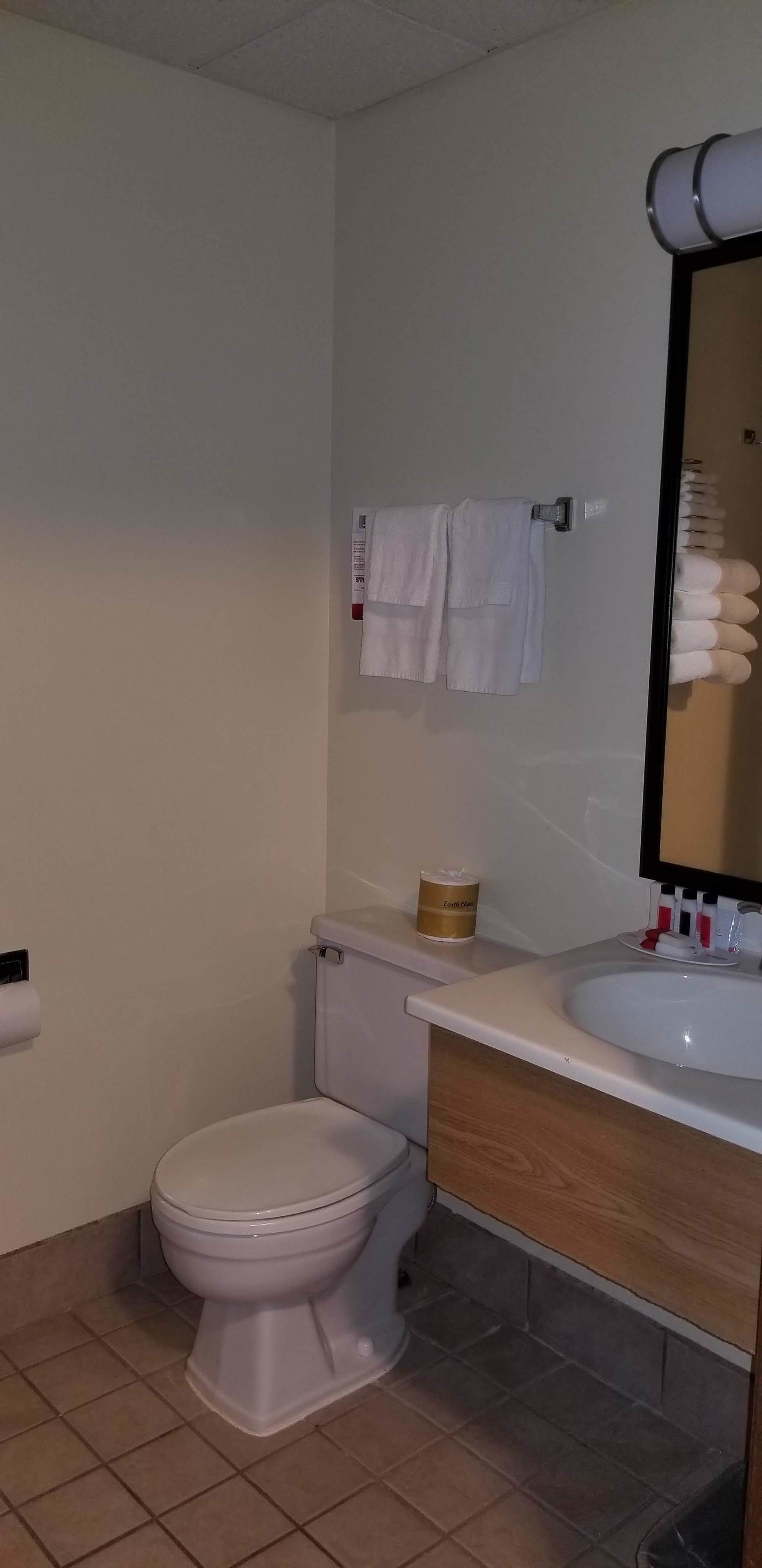 Un baño con inodoro, lavamanos, espejo y toallero.