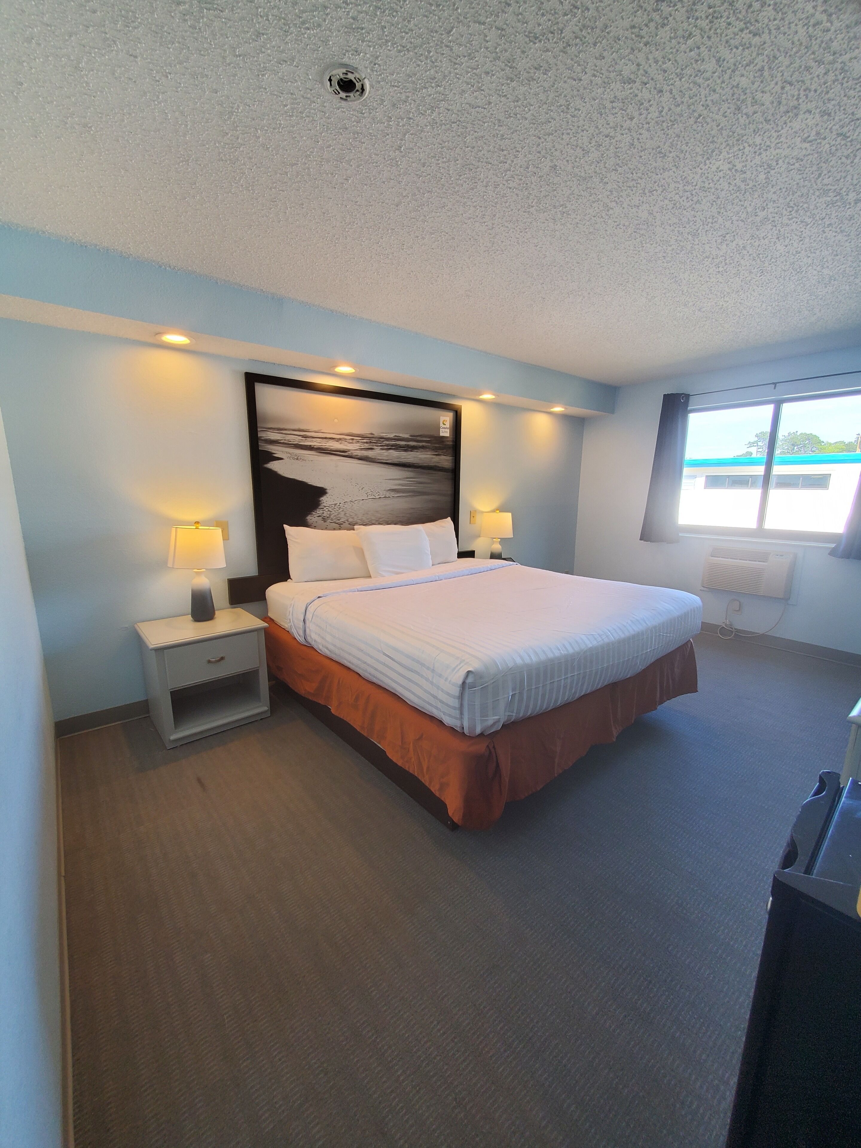 A hotel room with a large bed, two bedside tables with lamps, a ceiling light, a window with curtains, and a wall-mounted air conditioning unit.