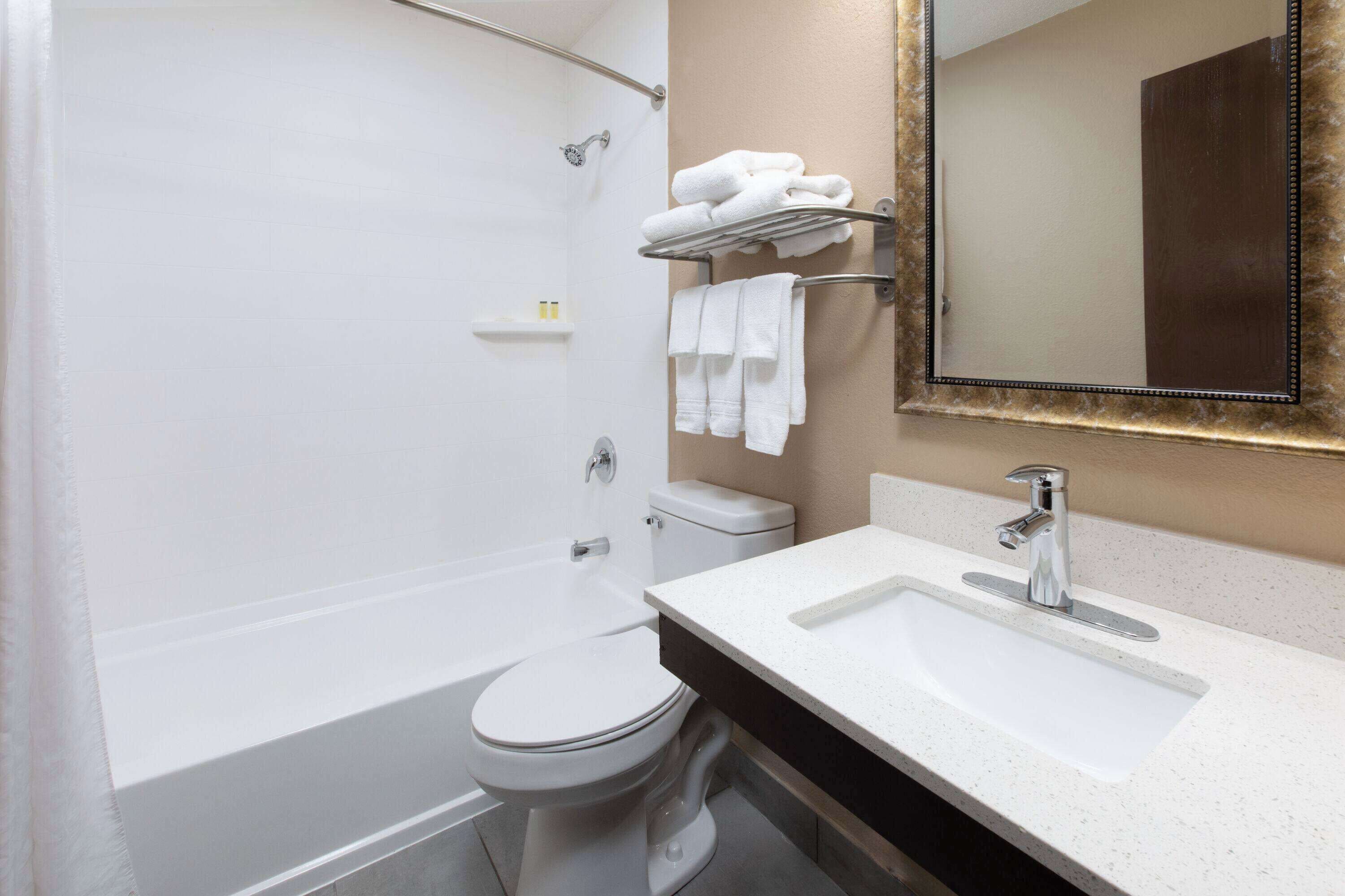 Combined shower/tub, free toiletries, hair dryer, towels