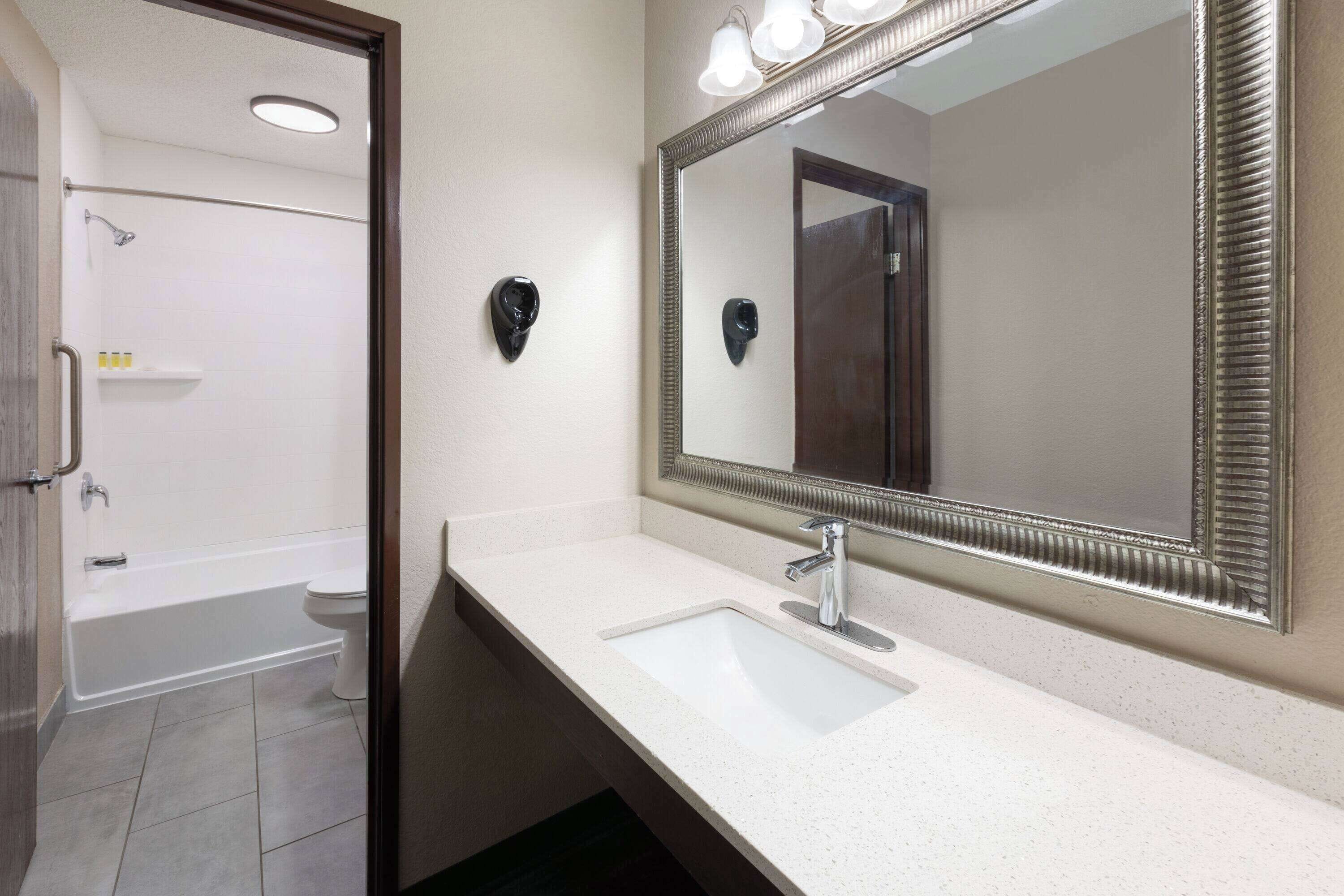 Une salle de bain avec un lavabo blanc, un grand miroir et un espace douche.
