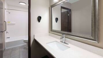 Une salle de bain avec un lavabo blanc, un grand miroir et un espace douche.