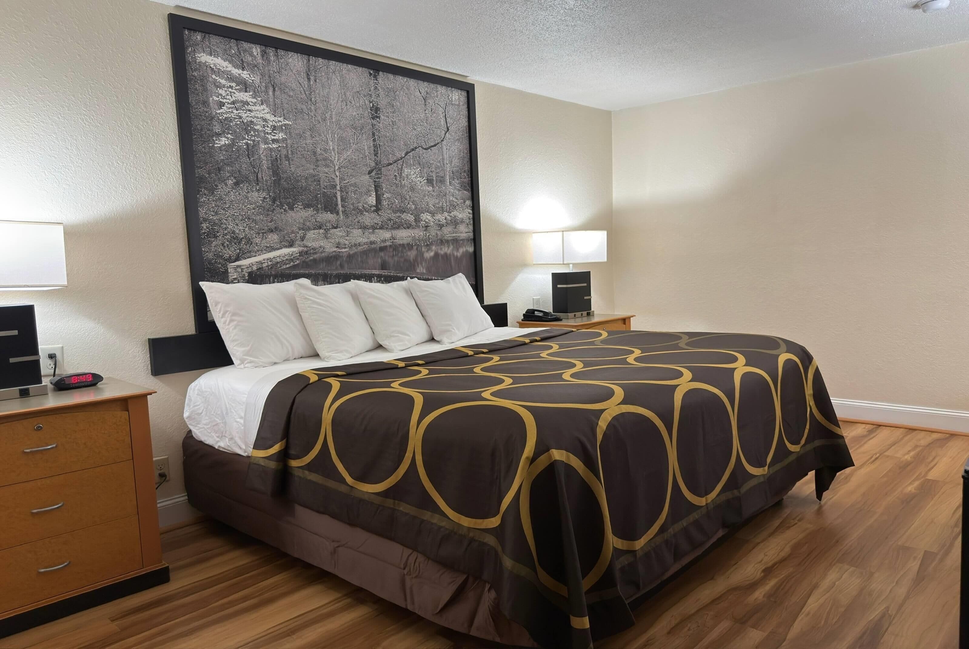 A hotel room with a large bed, a nightstand with a lamp, a dresser, and a painting on the wall.