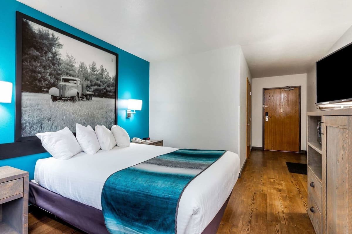 Habitación de hotel con una cama, una mesita de noche, un televisor, un armario de madera y una puerta que da a otra habitación.