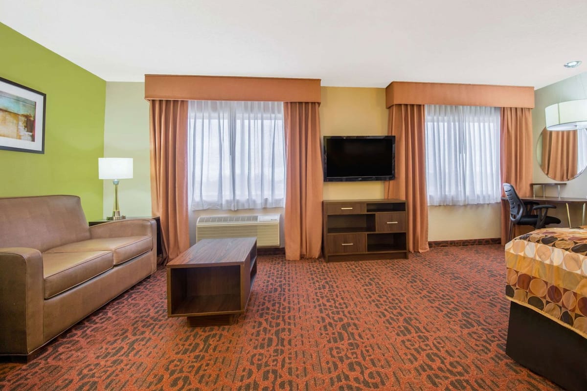 Une chambre d’hôtel avec un canapé, une télévision, un bureau et un lit.