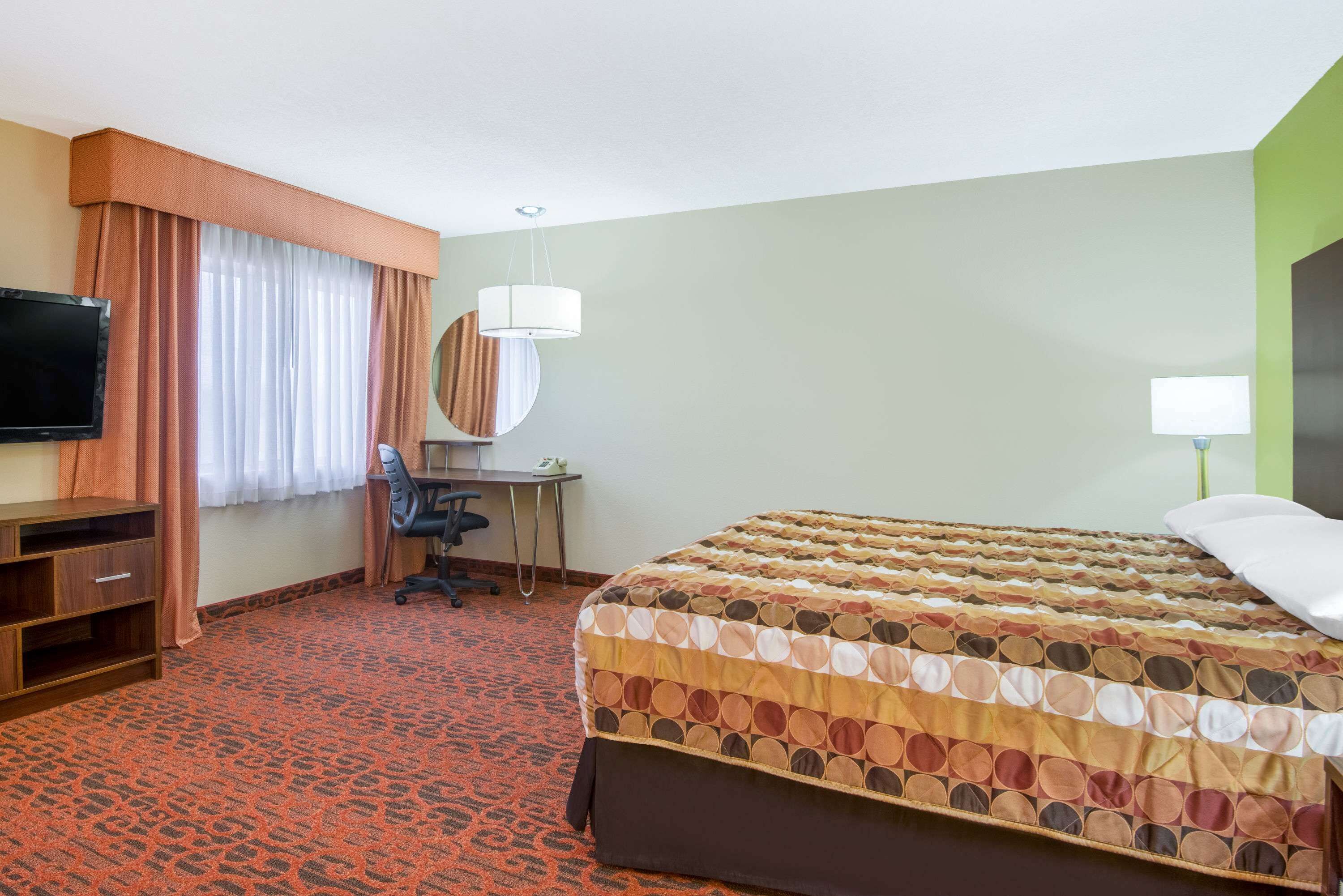 A hotel room with a bed, a desk, a chair, a television, and a lamp.