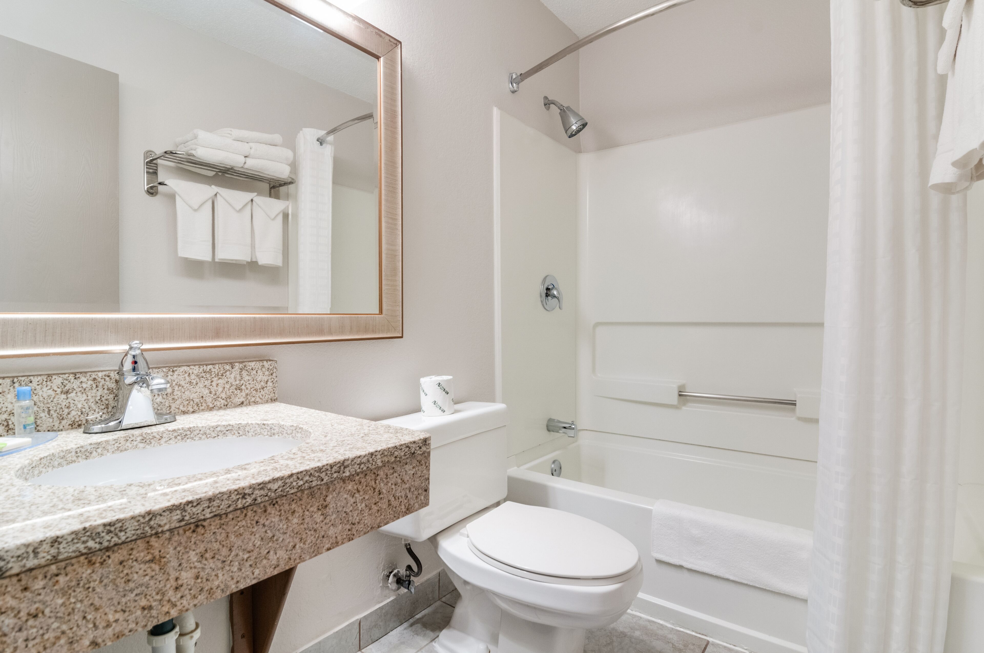 A modern bathroom with a granite sink, white toilet, and a walk-in shower.