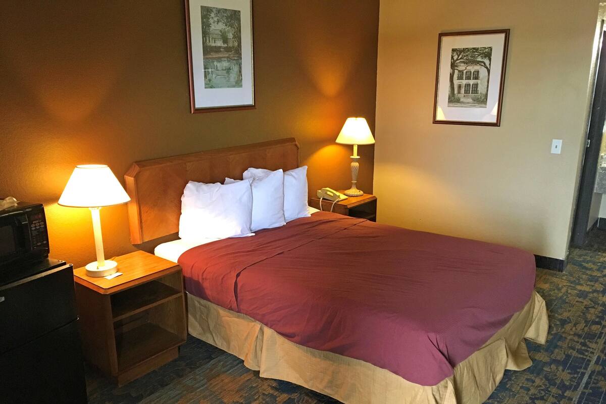 A hotel room with a large bed, two bedside lamps, a wooden nightstand, a telephone, and a microwave on a cabinet.