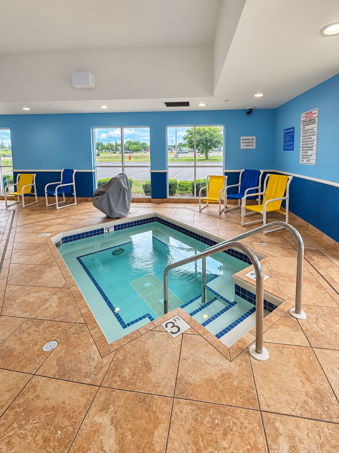 A pool area with a 3ft depth, tiled flooring, and chairs along the walls.