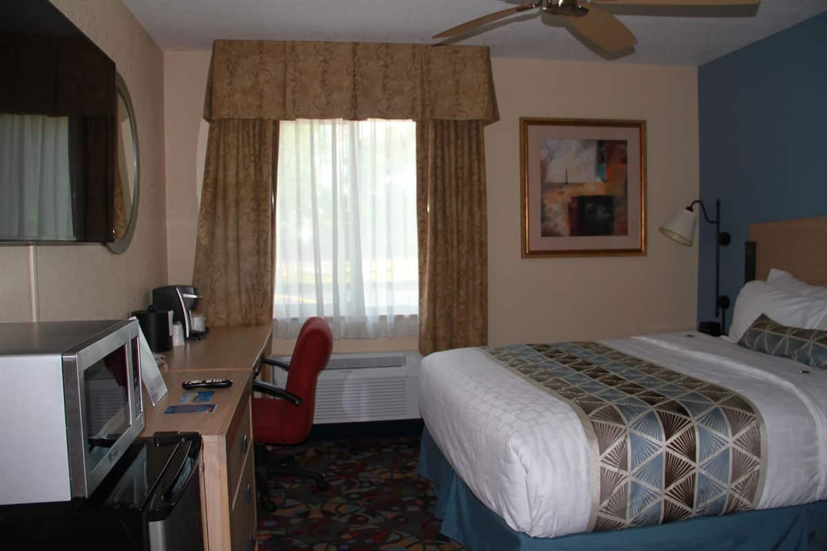 Une chambre d’hôtel comprenant un lit, un bureau avec un micro-ondes, une chaise, une fenêtre avec des rideaux, un ventilateur de plafond et un tableau au mur.