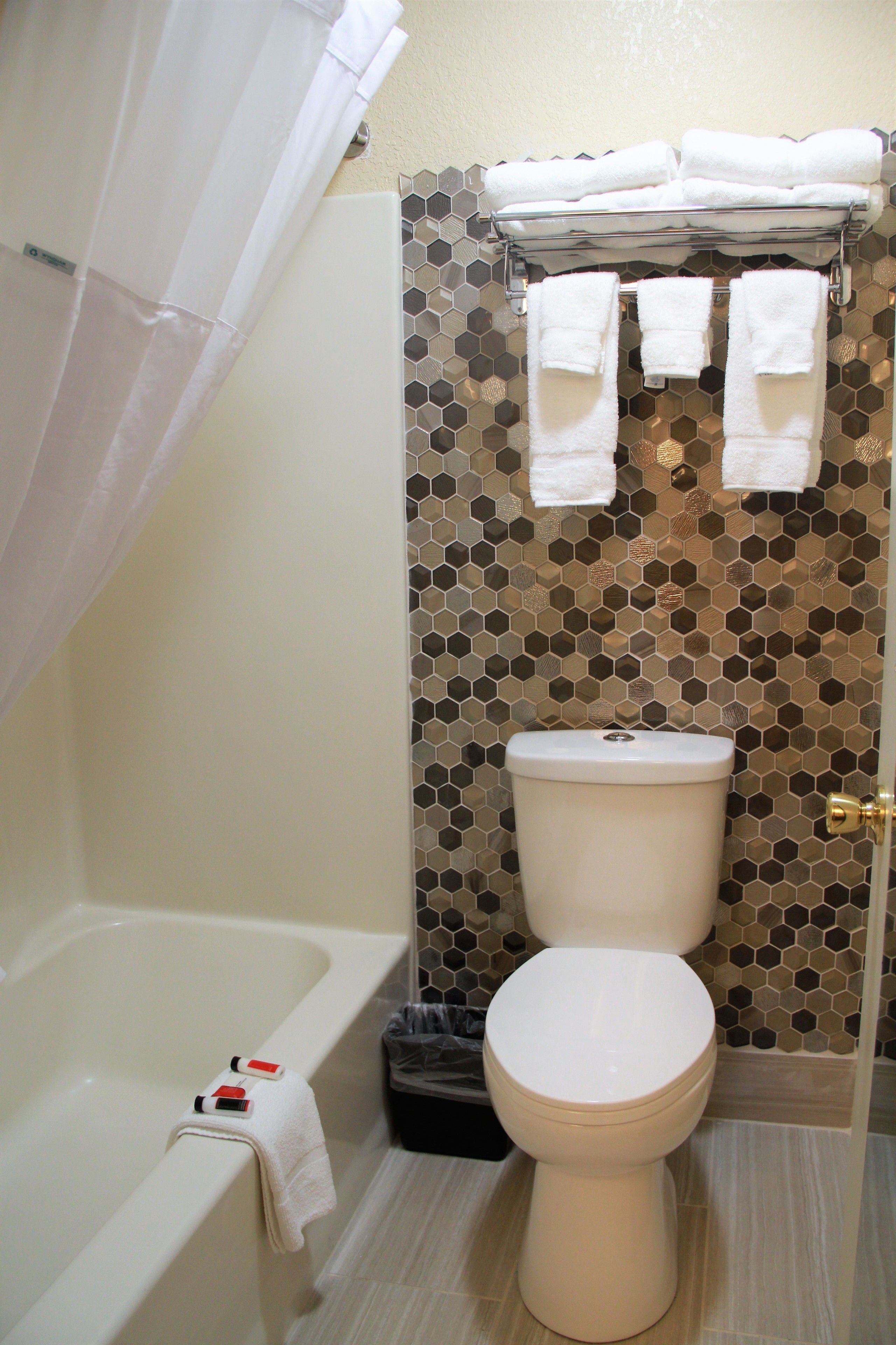 Une salle de bain avec une baignoire, des toilettes et un rideau de douche.