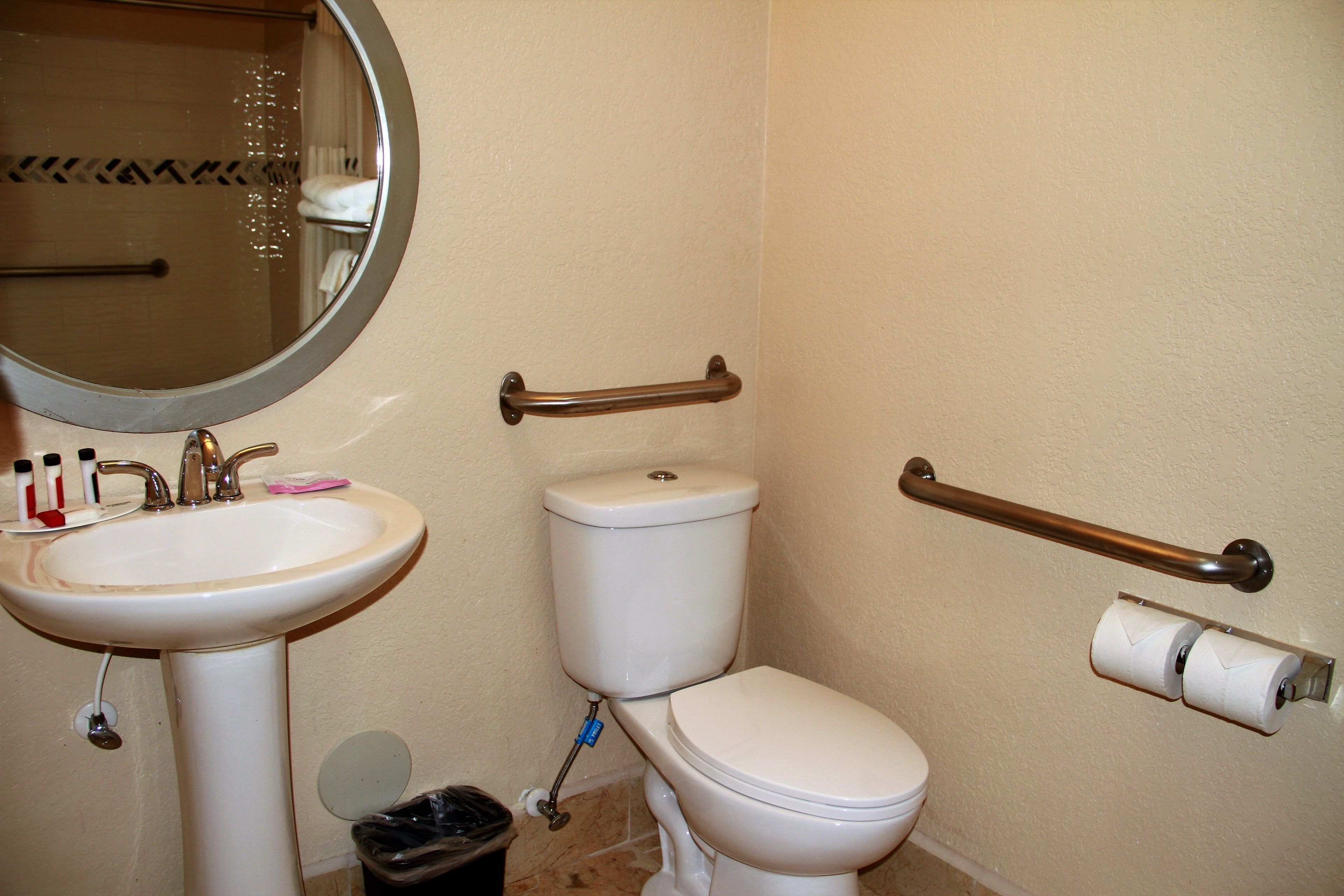 Un bagno con lavandino, WC e mancorrenti.