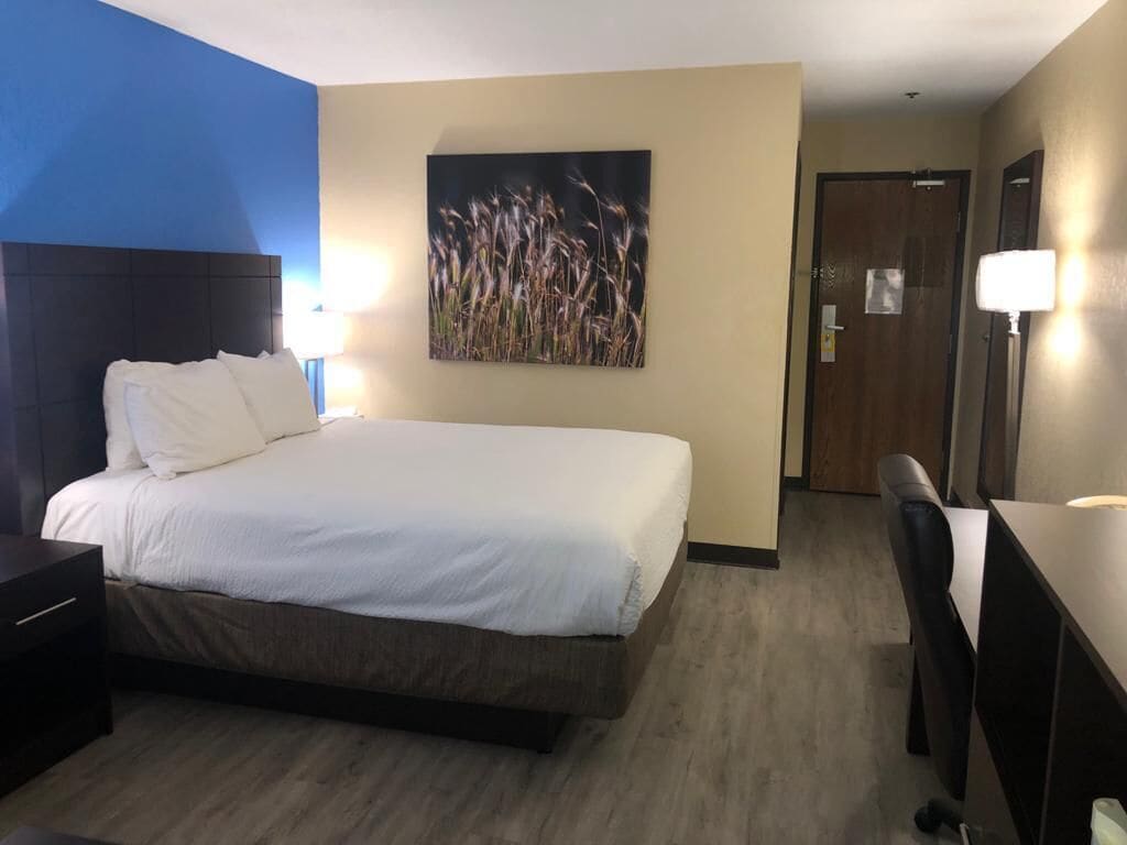 Una habitació d'hotel amb un llit gran, una taula de treball, una cadira, una tauleta de nit i una làmpada penjada a la paret.