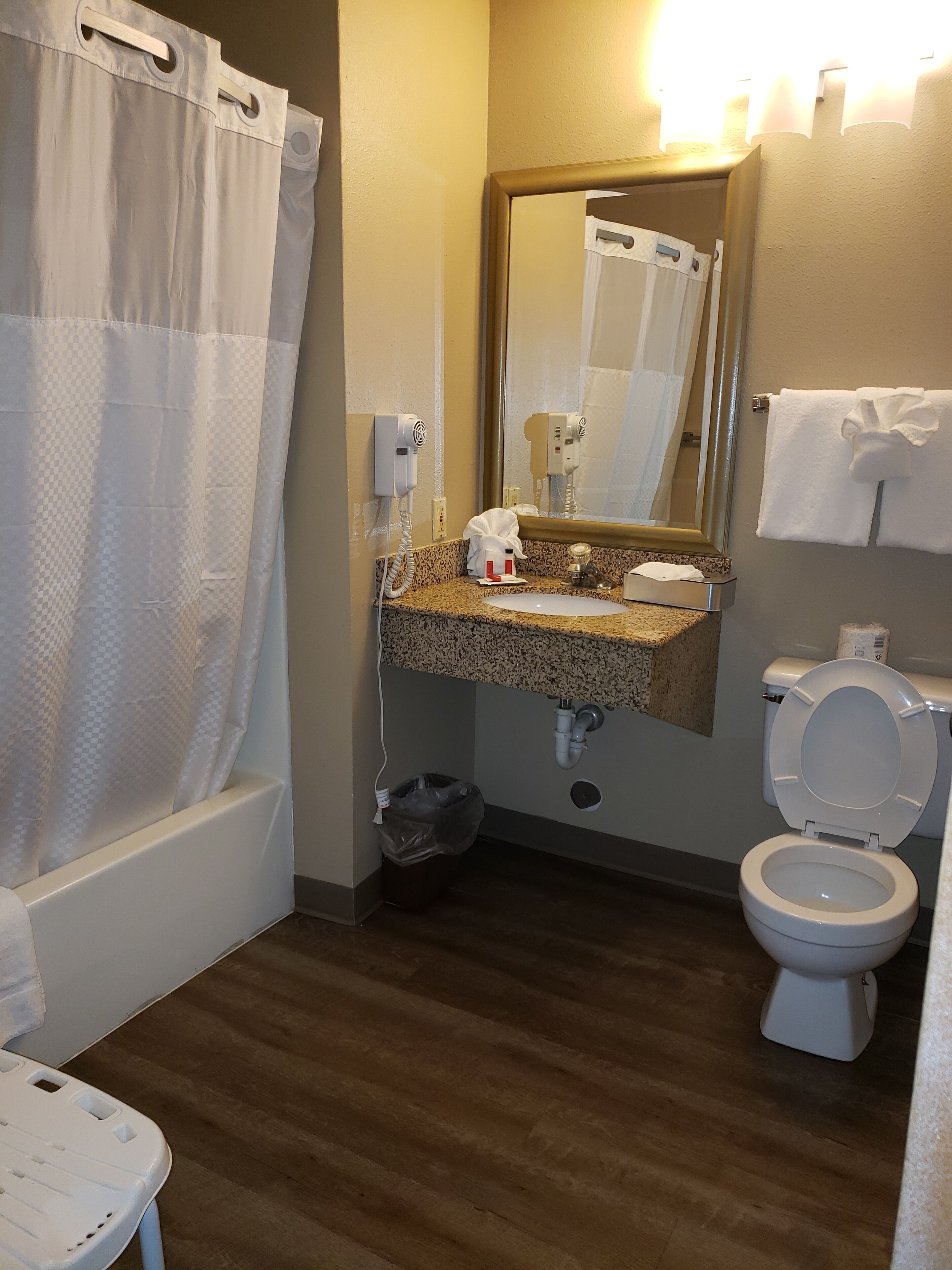 A bathroom with a shower, toilet, sink, and a mirror.