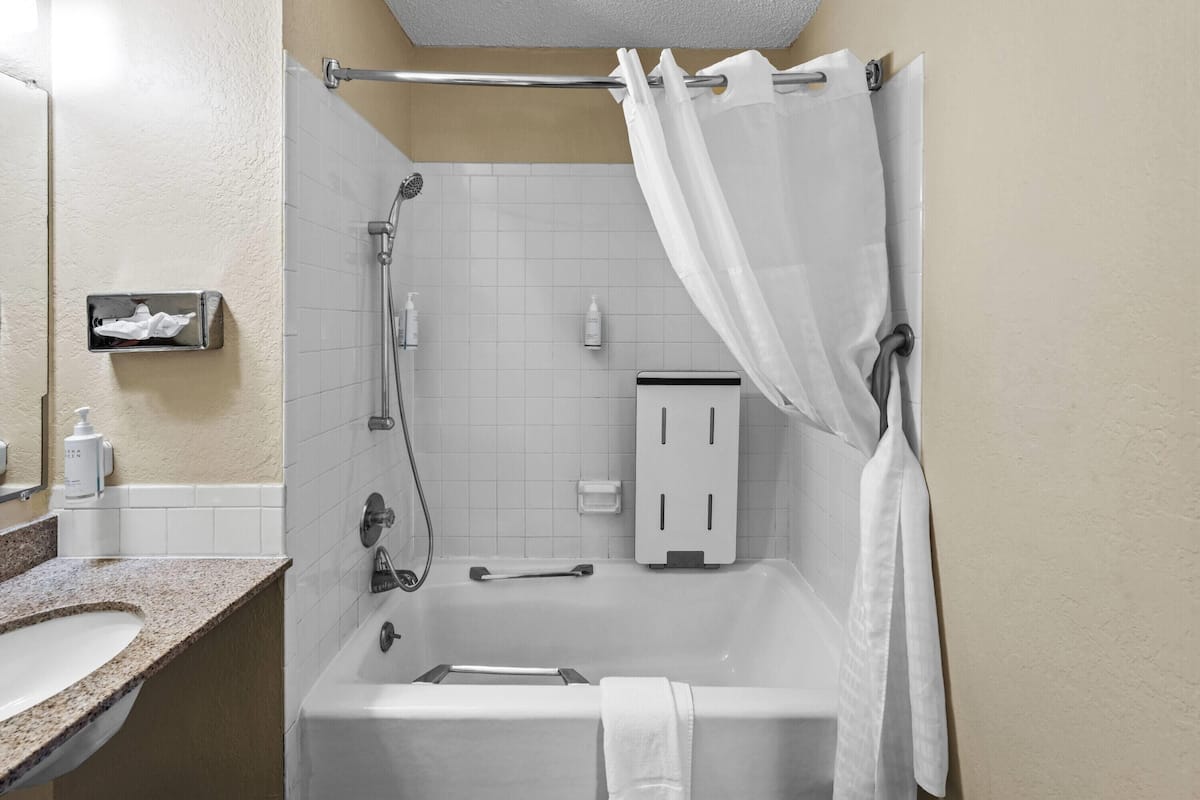 A bathroom with a bathtub, a shower, a towel rack, and a soap dispenser.