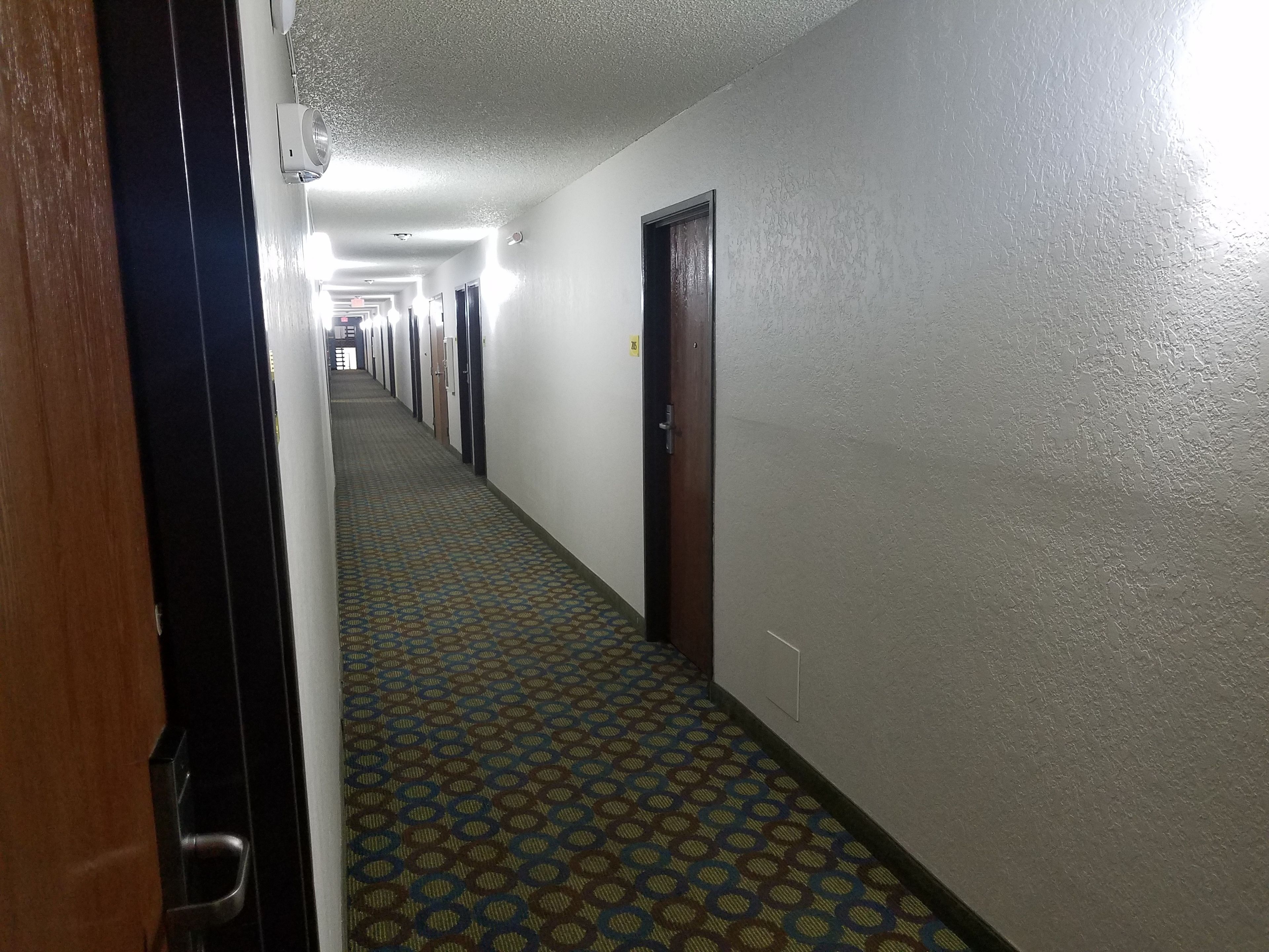 A long, narrow hallway with patterned carpet, doors on both sides, and a light fixture on the ceiling.