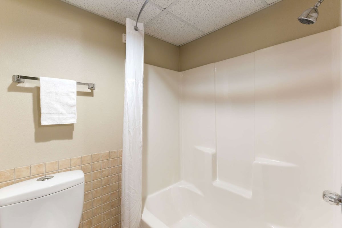 A bathroom with a toilet, a shower, and a towel rack.