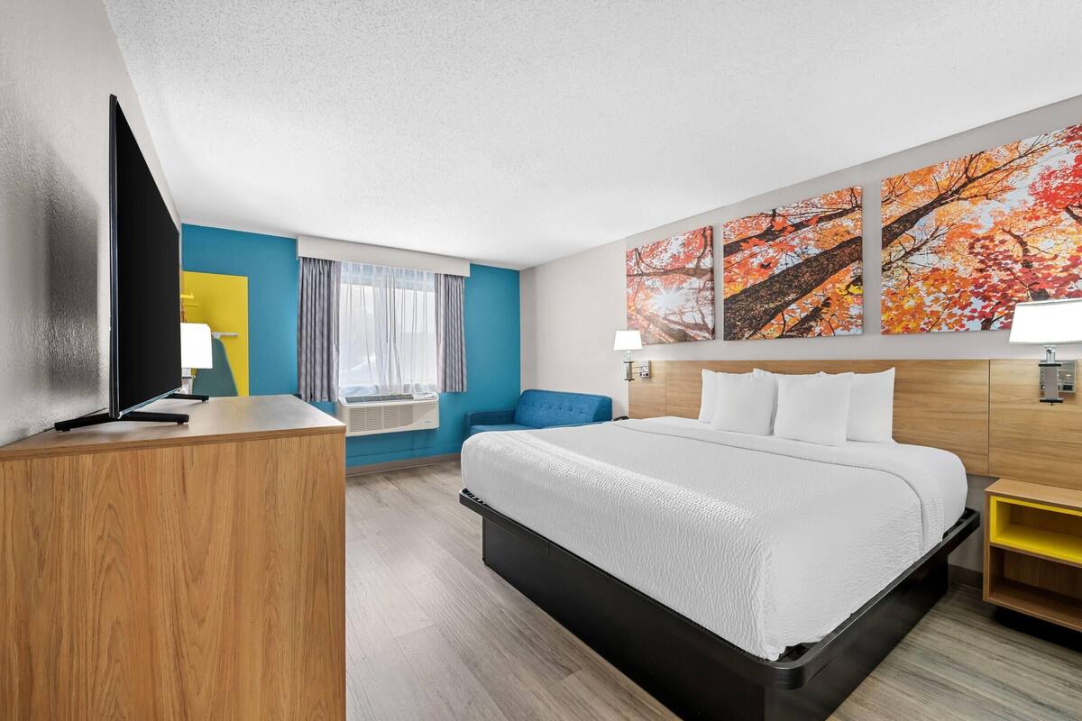 A hotel room with a large bed, a television, a desk, and artwork on the walls.
