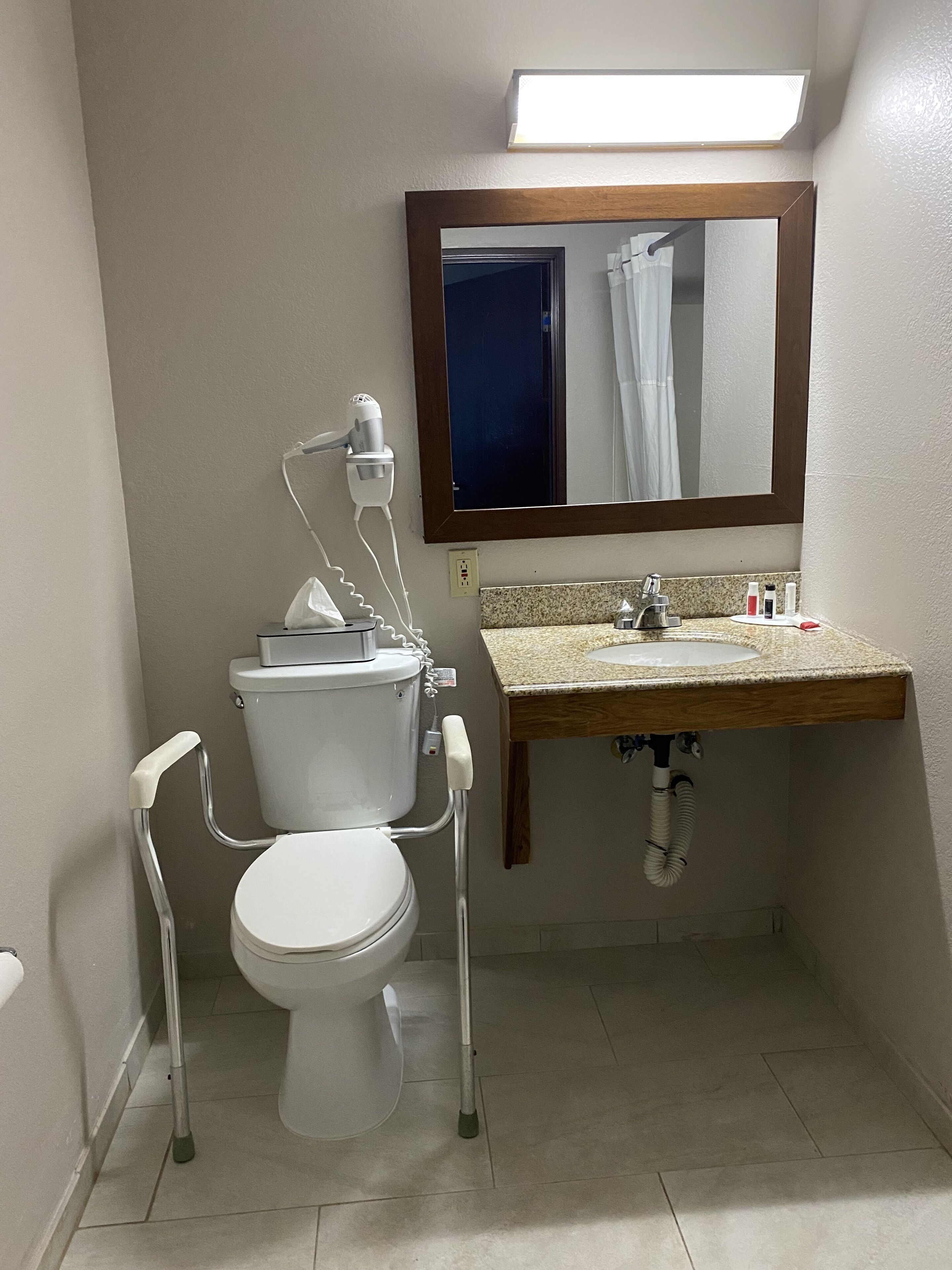 A bathroom with a toilet, a sink, a mirror, and a shower curtain.