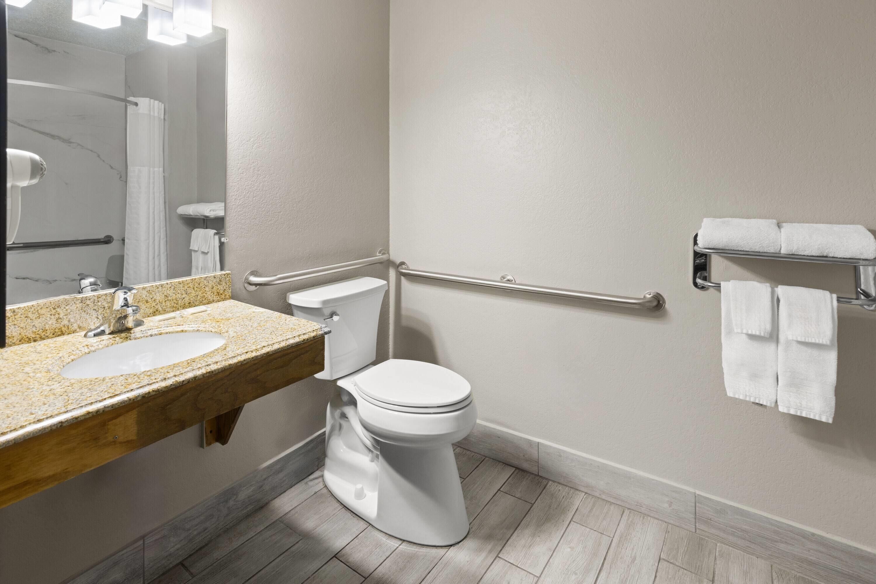 Une salle de bain équipée d’un lavabo, de toilettes et de barres d’appui.