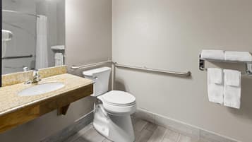 Une salle de bain équipée d’un lavabo, de toilettes et de barres d’appui.