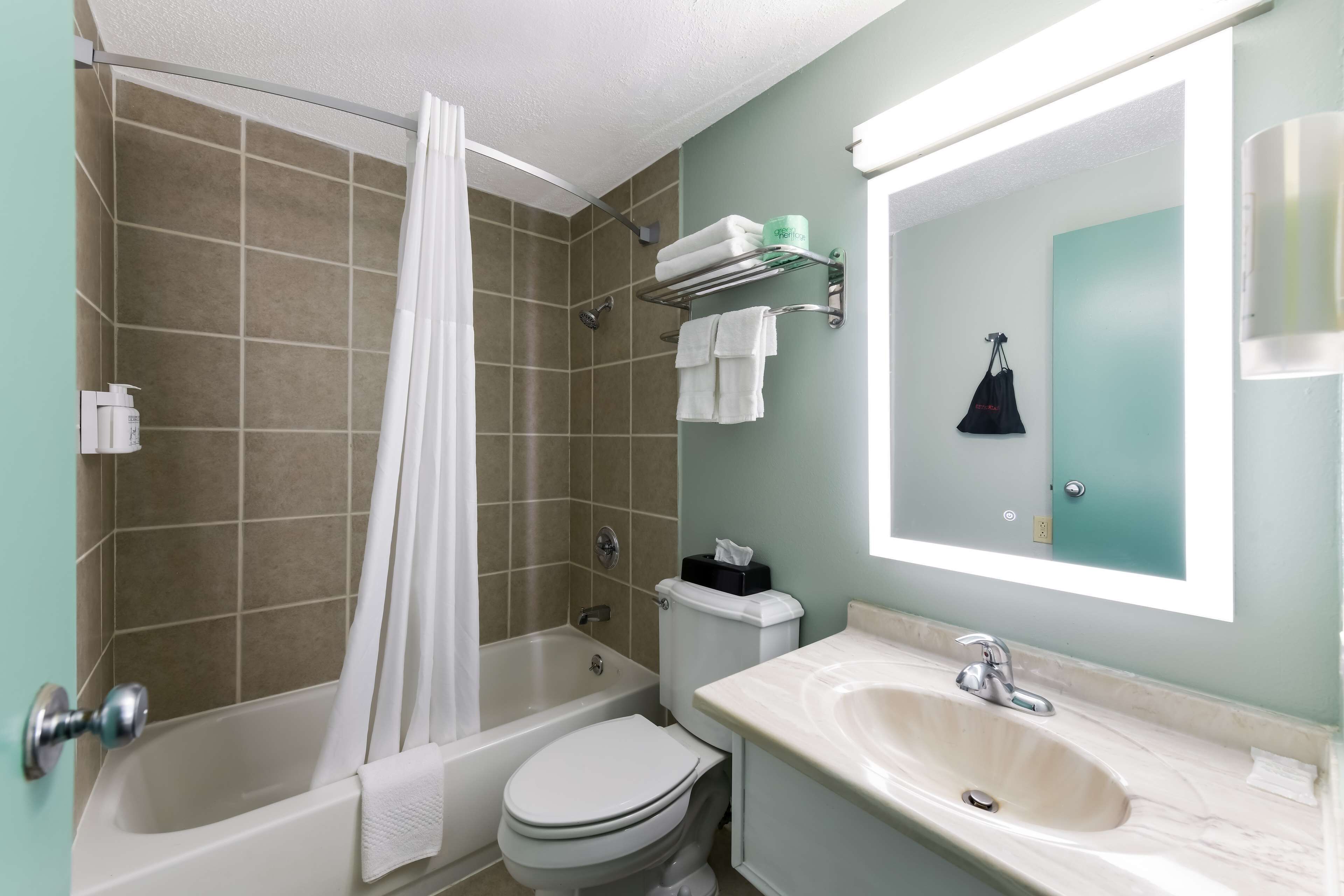 Un baño con bañera, inodoro y lavabo.