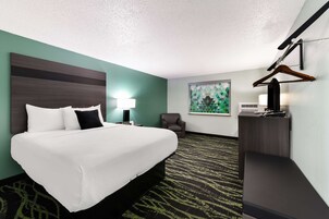 Una habitación de hotel con una cama, un escritorio, una silla, un cuadro y un perchero.
