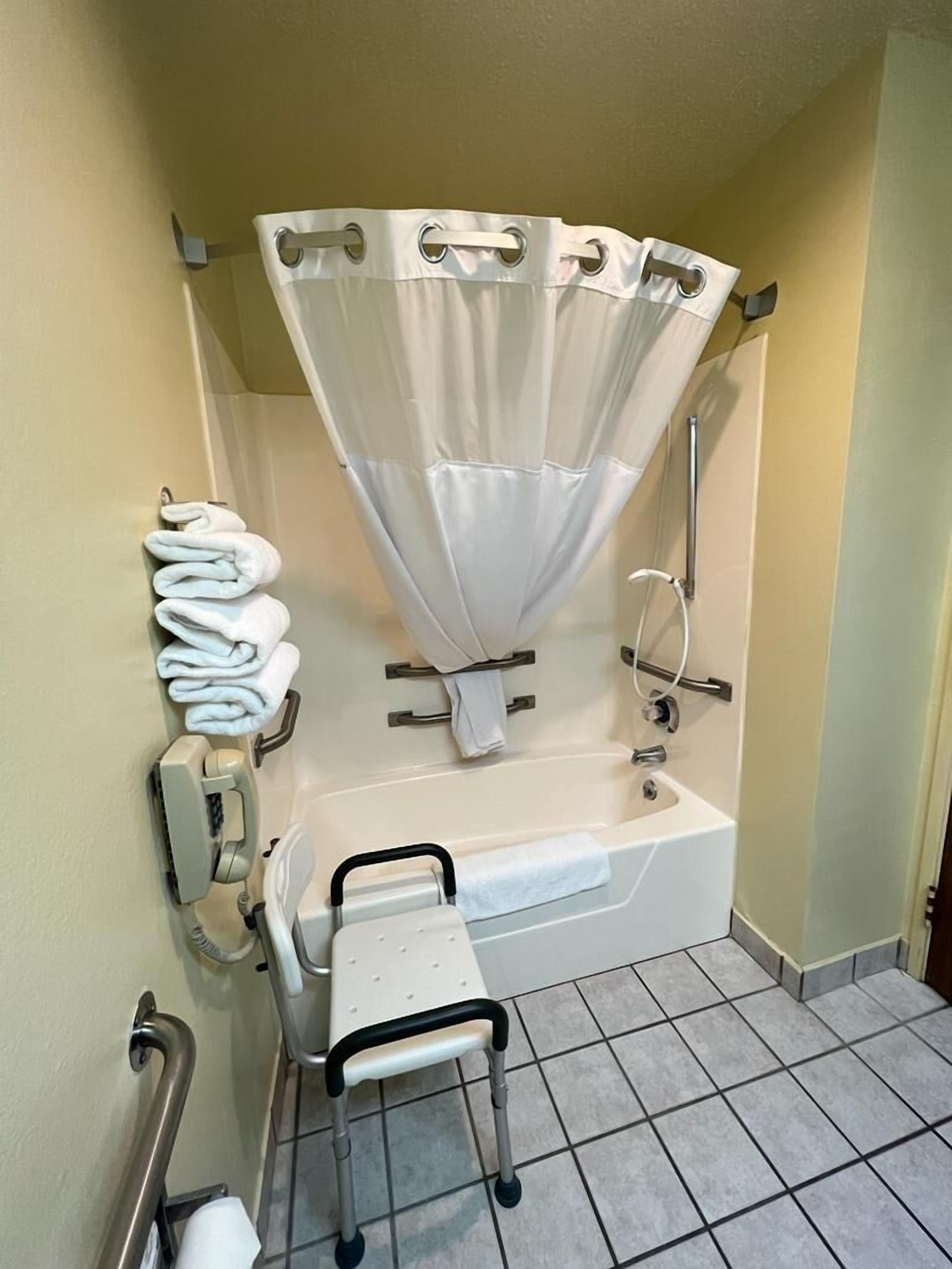 A bathroom with a bathtub, a shower, a toilet, and a handrail.