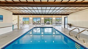 Piscina interior con techo de vidrio transparente, sillas junto a la piscina y vistas al exterior.