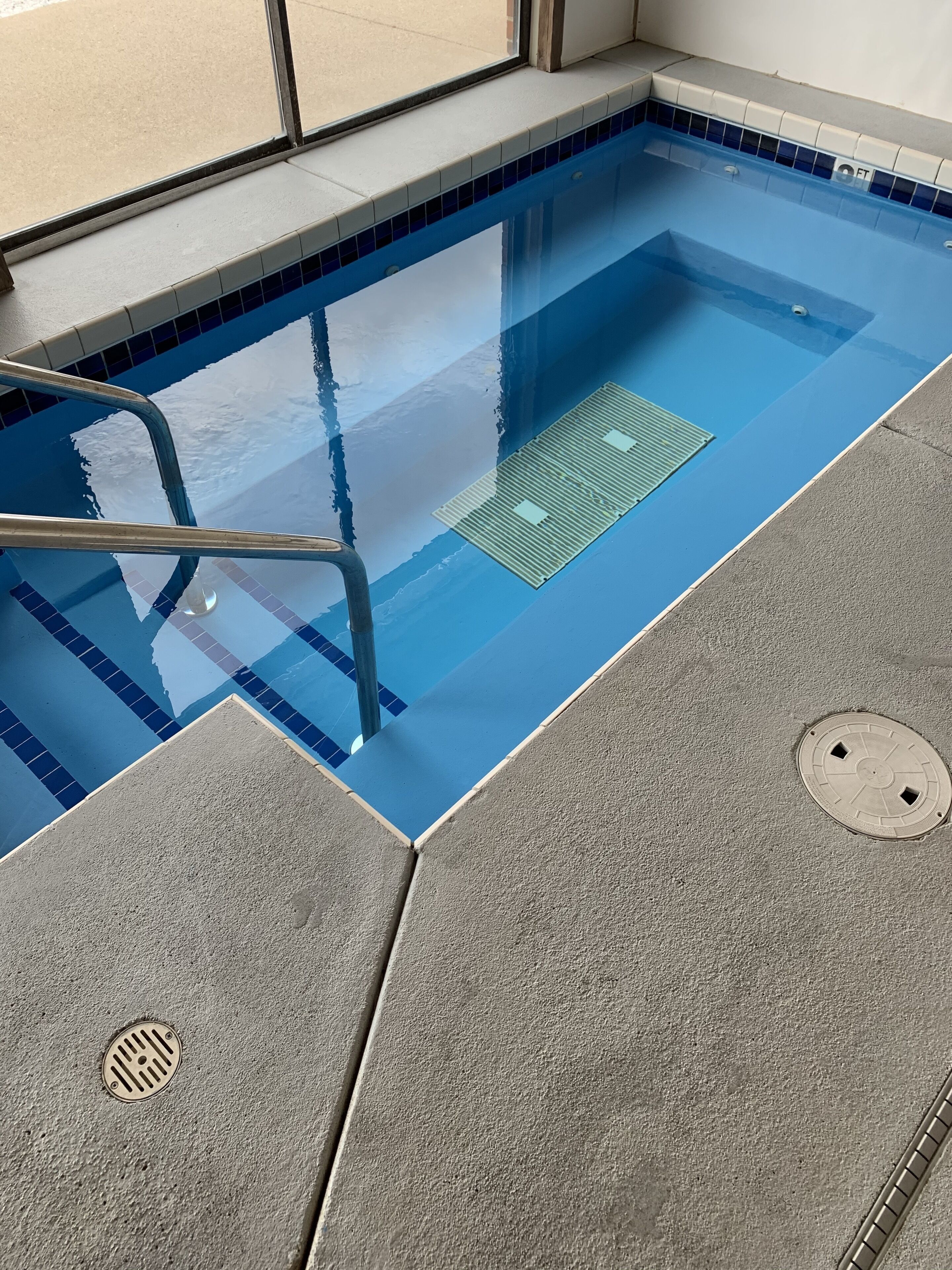 A swimming pool with clear blue water, a metal ladder, and a drain cover.