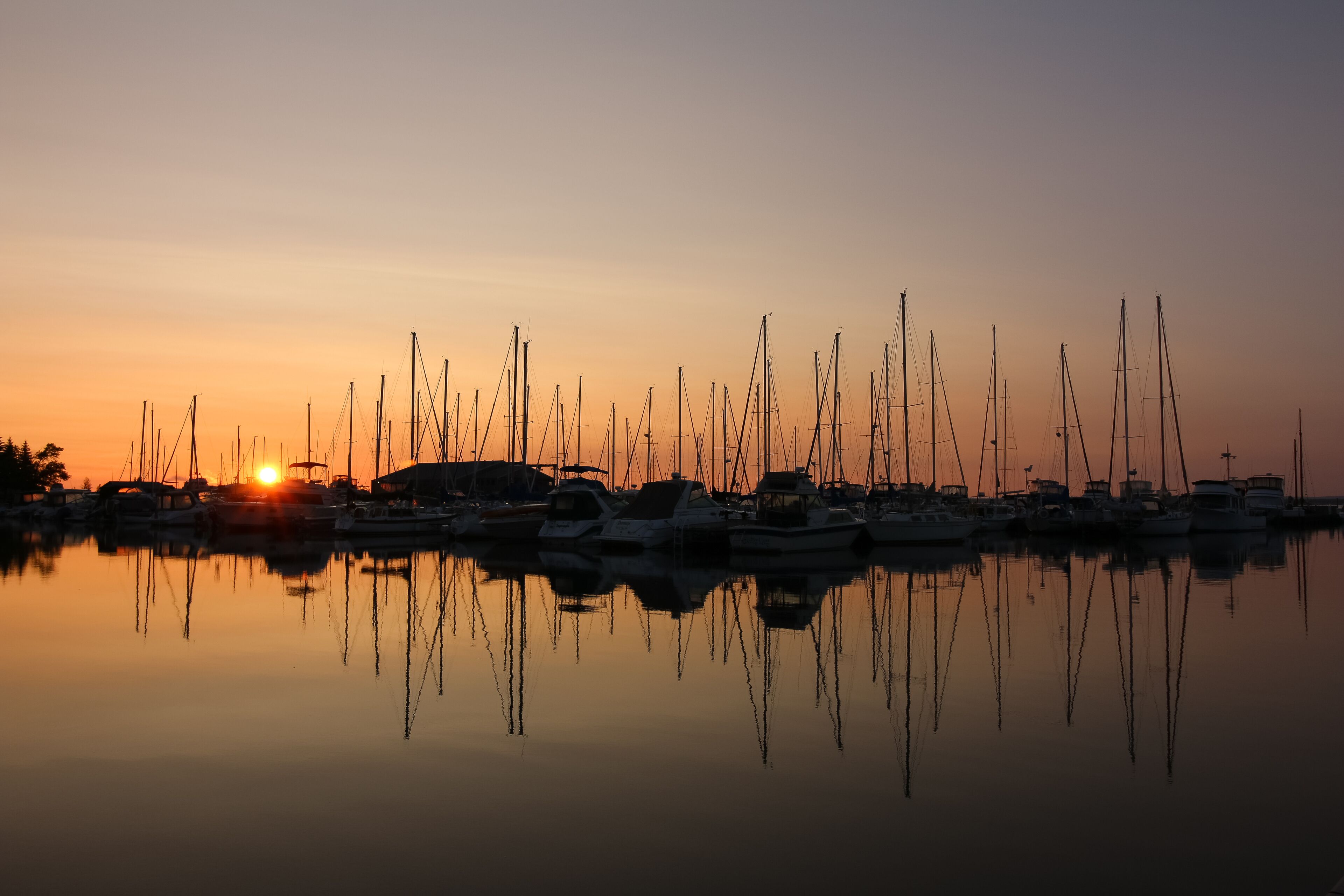A marina at sunset with multiple sailboats docked, reflecting on calm water.