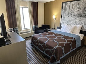 Desk, laptop workspace, blackout curtains, free WiFi