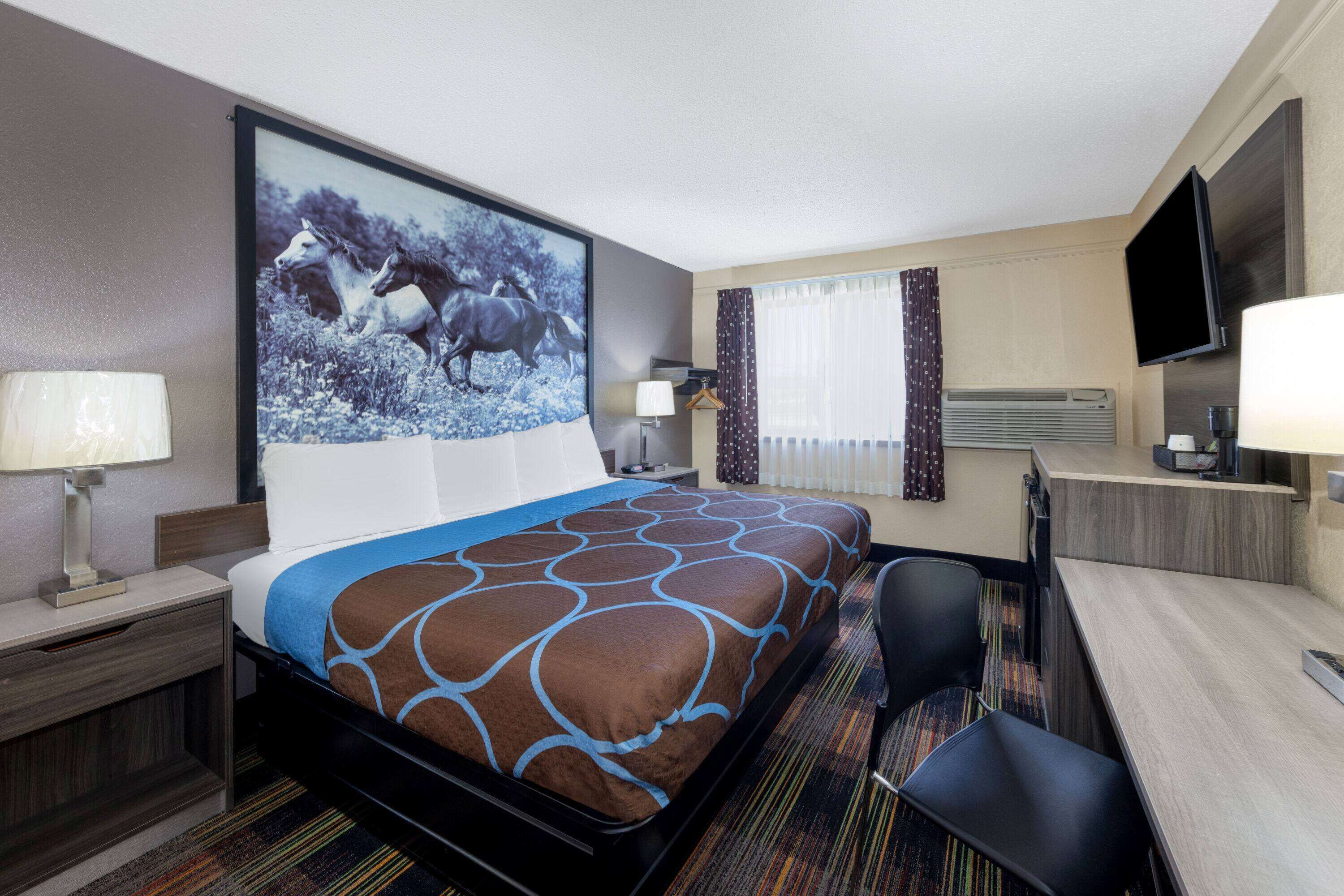 Quarto de hotel com cama grande, escrivaninha, cadeira, televisão e janela com cortinas.