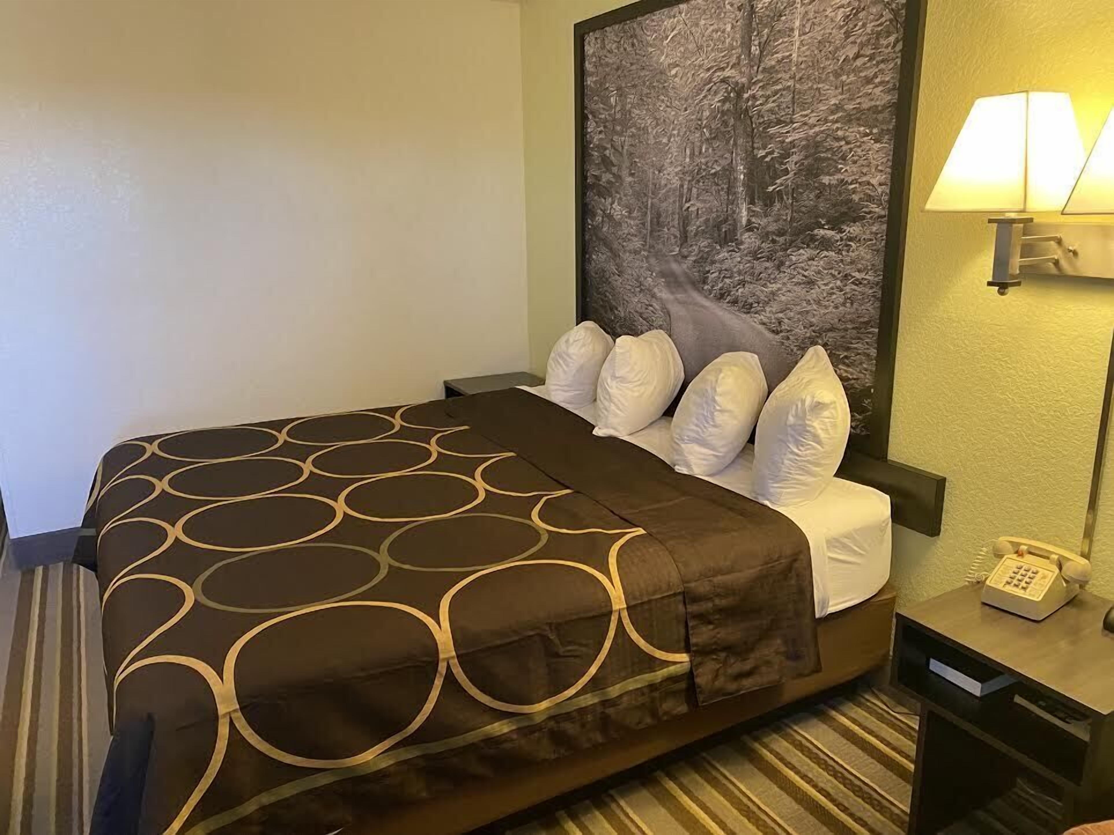 Une chambre d’hôtel avec un lit, une table de chevet avec une lampe et un téléphone.