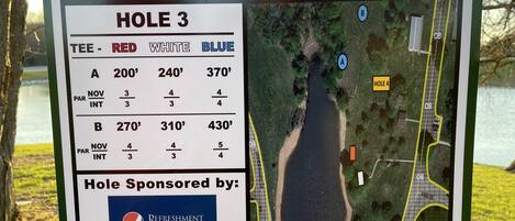 A golf course sign with hole distances and tee box information.