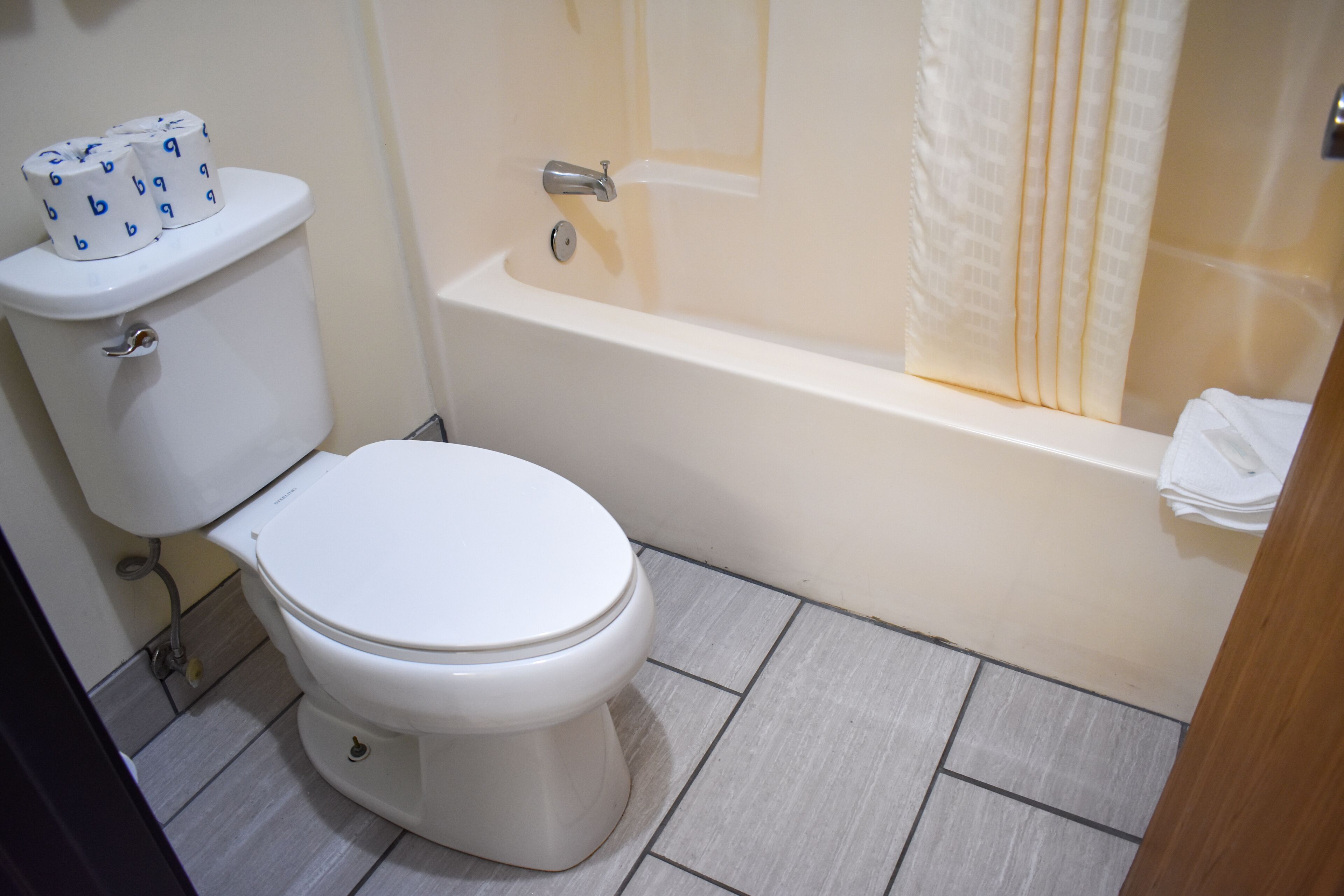 A bathroom with a toilet, a bathtub, and a toilet paper holder with rolls.