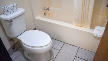 A bathroom with a toilet, a bathtub, and a toilet paper holder with rolls.