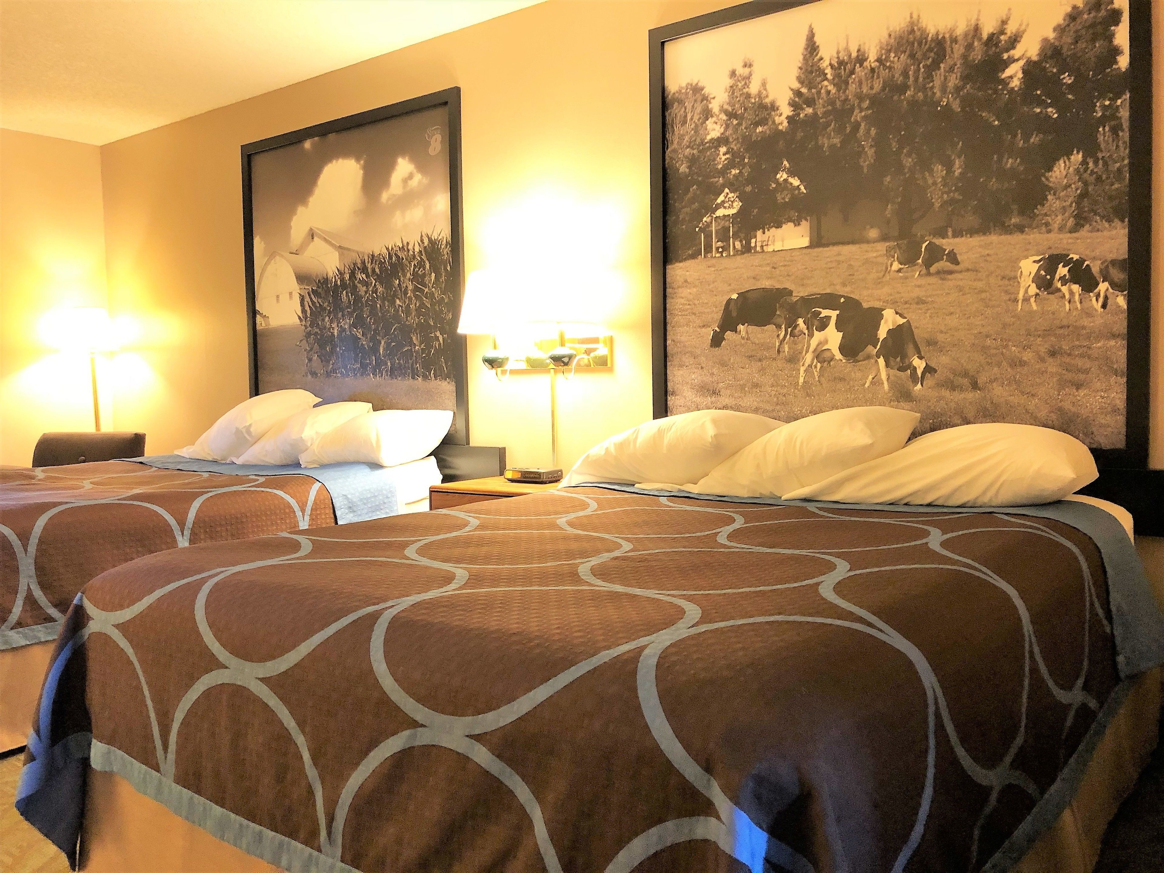 A hotel room with two beds, each with a patterned bedspread, a nightstand, a lamp, and a framed picture of a field with cows.