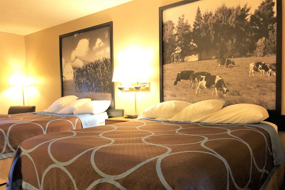 A hotel room with two beds, each with a patterned bedspread, a nightstand, a lamp, and a framed picture of a field with cows.
